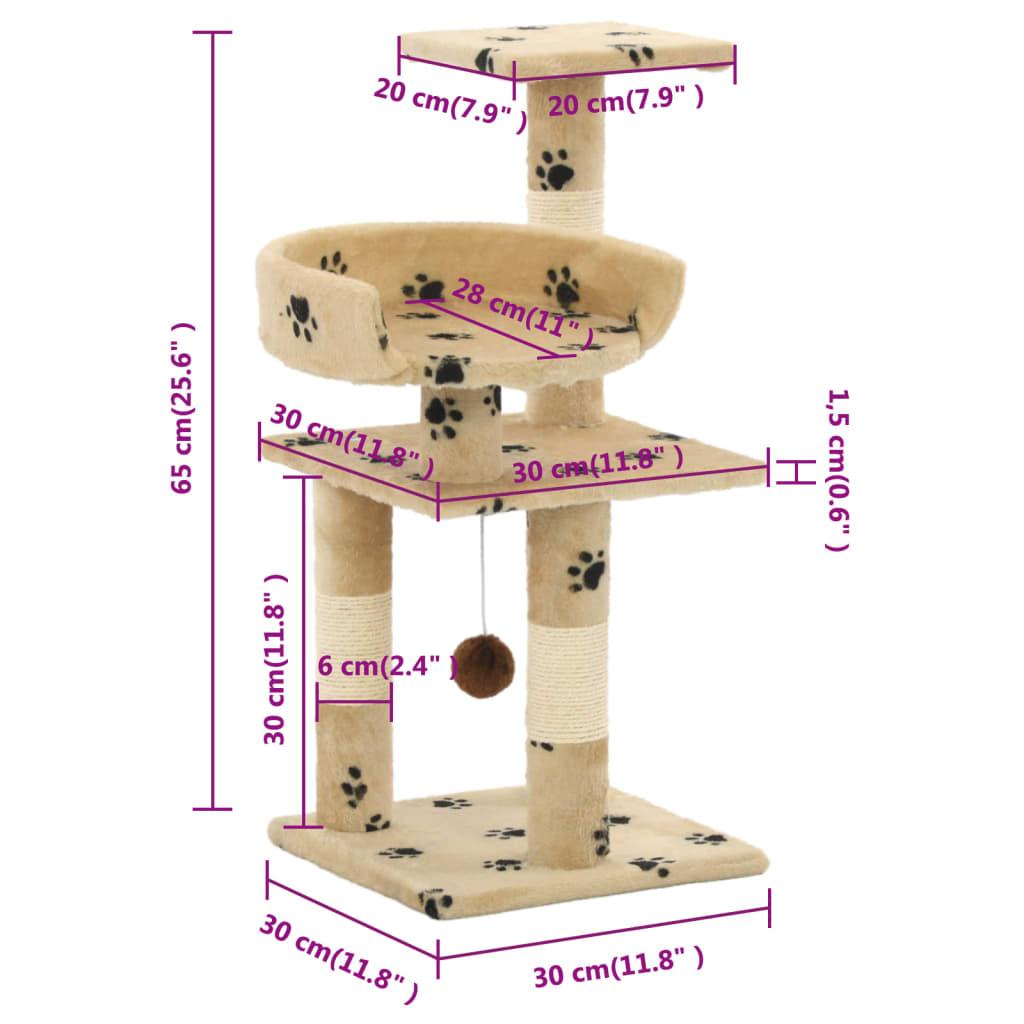 Arbre à chat et griffoirs en sisal 65 cm Beige Motif de pattes - Animalerie en ligne Kat-Shop